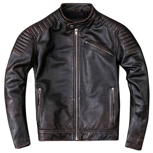 Vintage Motorcycle Men&39s Cowhide Jacket Distressed Real Leather Coat For Man Vintage Bomber Mans Cow Leather Trench Coat 2022