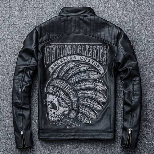 2023 Black New Embroidery Skull Motorcycle Leather Jackets Natural Cowhide Moto Jacket Biker Leather Coat Slim Clothing