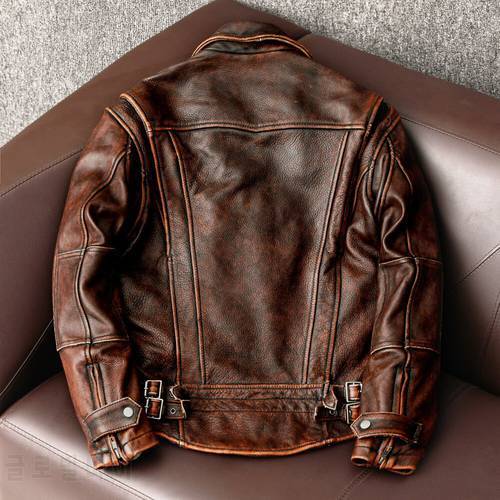 style New 2023 genuine Leather jacket Vintage Brown Cowhide Coat Men Slim Fashion Biker jacket Asian Size S-6XL