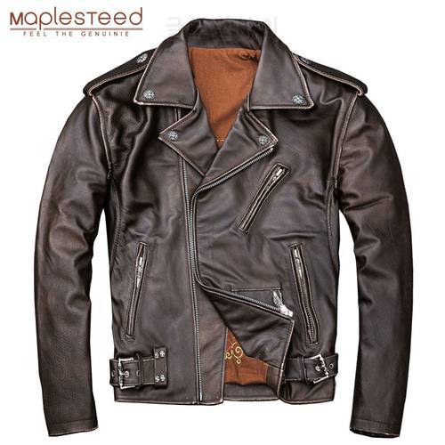 MAPLESTEED Brown Distressed Motorcycle Jacket Men 100% Calf Skin Classic Slim Leather Jacket Man Moto Biker Coat Winter 5XL M190