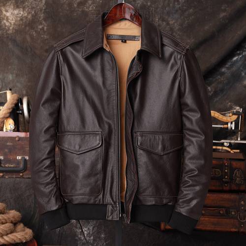 Bomber A2 Pilot Genuine Leather Jacket Men Warm 100% Cow Leather Air Force Coat Dark Brown Men&39s Cowhide Motorcycle Jackets
