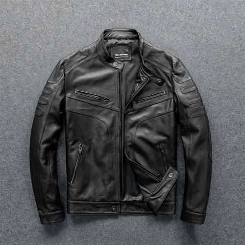 Vegetable Tanned Sheep Skin Leather Jacket Men&39s Slim Stand-up Collar Leather Jacket Motorcycle Suit A Must-have For Rider