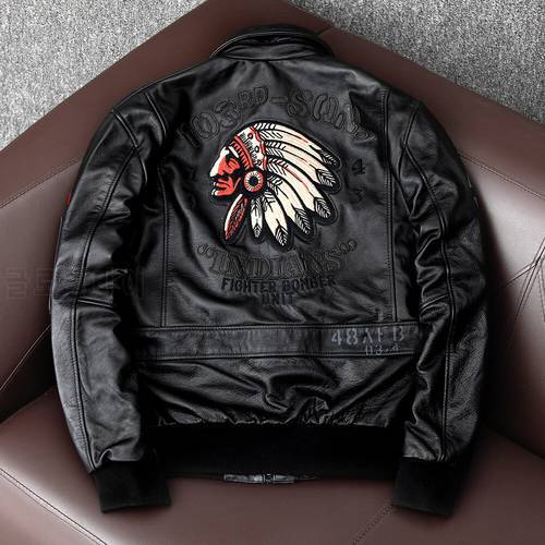 2022 Bomber Spring Men&39s Genuine Leather Jackets Indian Embroidery Cowhide Air Force 1 Jacket Motorcycle 100% Leather Coat Male