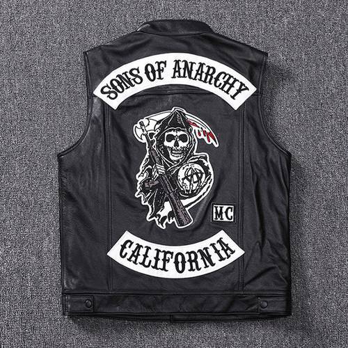 Fashion Cowskin 100% Sons Of Anarchy Leather Rock Punk Vest Cosplay Costume Black Color Motorcycle Biker Sleeveless Jacket