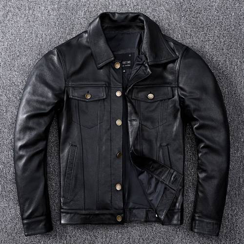 Genuine Denim Spring Leather Jacket Classic Slim Cowhide Button Coat Plus Size 5XL Mens Fashion Leather Clothing