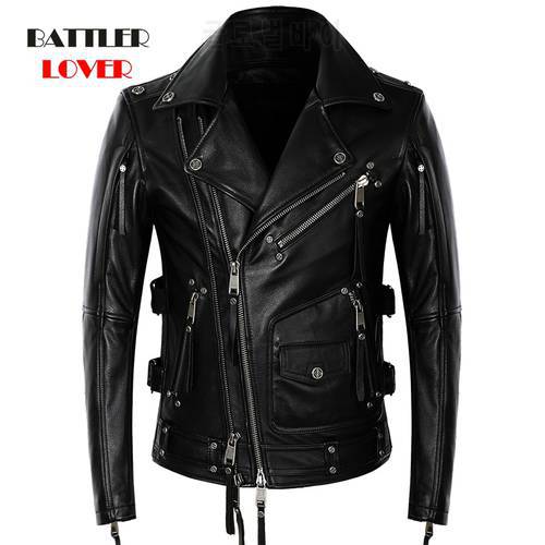 Autumn Winter Genuine Cow Leather Jackets For Men 2021 Punk Long Sleeve Zipper Fashion Coat Male Retro Motorcycle Clothing S-5XL