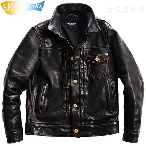 Free Shipping Vintage Genuine Horsehide Leather Jackets For Men Casual Punk Style Slim Fit Coats Male Motorcycle Biker Overcoats
