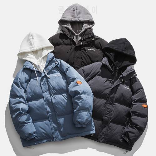 Men&39s Fake Two-piece Hooded Parka Winter Loose Labeled Thickened Clothes Hong Kong Style Trendy Coat Streetwear Puffer Jacket