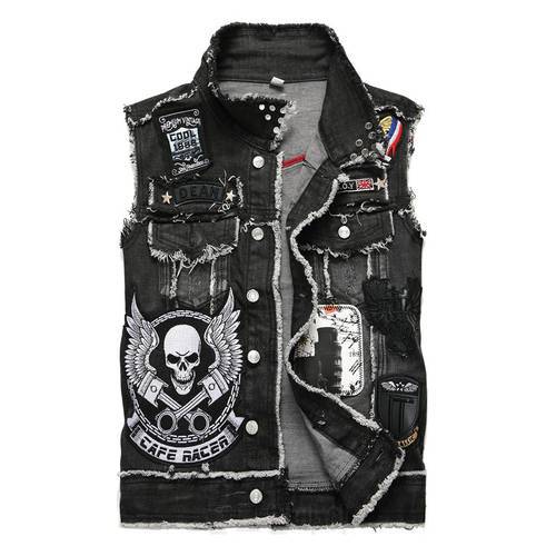 Autumn Punk Denim Vest Men&39s Patch Embroidery Stitching Skull Nailed Black Badge Motorcycle Coat