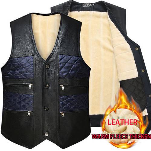 Leather Jacket Men Thicken Warm Vest Men&39s Muliti Pocket Sleeveless Jacket Winter Jacket Undershirt Clothes 2021 New