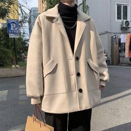 Woolen Coat Men Autumn Winter Korean Fashion Turn-down Coats Thicken Windbreaker Solid Single-breasted Outerwear Male 2021