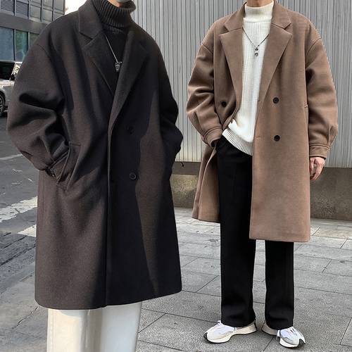 Autumn Winter Men Woolen Dust Coats Japan Style Streetwear Male Loose Solid Color High Quality Men&39s Thick Warm Trenchcoat