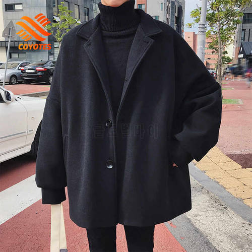 COYOTES Autumn Winter Woolen Coat Mens Jacket Korean Style Suit-Collar Button Loose Thick Padded Jackets Mid-Long Trench