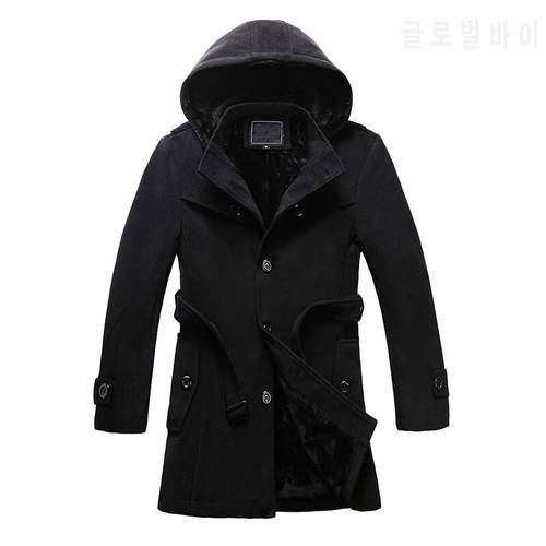 M-6XL new autumn and winter men&39s thicken warm fleece lined wool blends pea coat hoodie button single breasted overcoat