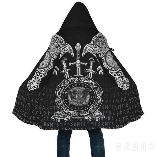 Winter Mens Viking Style Cloak Huginn And Muniin With Mjolnir 3D Print Fleece Hooded cloak Unisex Casual Thick Warm cloak coat