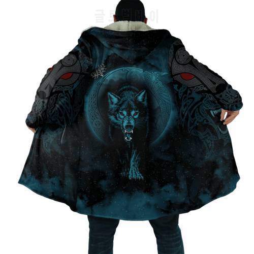 2021 Winter Fashion Mens Cloak Vikings Odin Wolf Tattoo 3D Printing Fleece Hooded cloak Unisex Casual Thick Warm Cape coat PJ-02