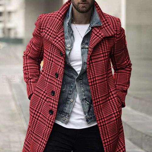 High Quality Men&39s Cardigan Wool Blend Plover Case Print Wool Long Sleeve Turn-down Collar Windproof Casual Slim Fits Long Coat