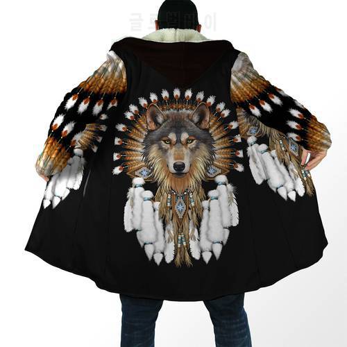 2021 Winter Mens cloak Beautiful Tribal Native Wolf 3D full Printing Thick Fleece Hooded Coat Unisex Casual Warm Cape coat DP15