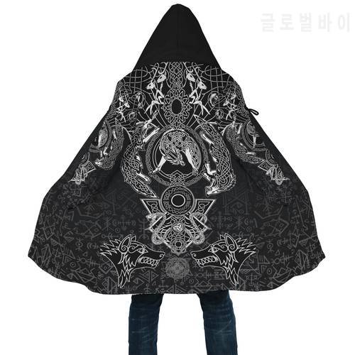 Winter Mens Viking Style Cloak Fenrir And Skoll & Hati Tattoo 3D Print Fleece Hooded cloak Unisex Casual Thick Warm cloak coat