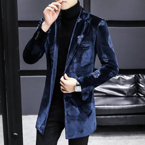 Winter Velvet Wool Blends Jacket Men Fashion Slim Long Casual Business Trench Windbreaker Social Streetwear Overcoat clothing