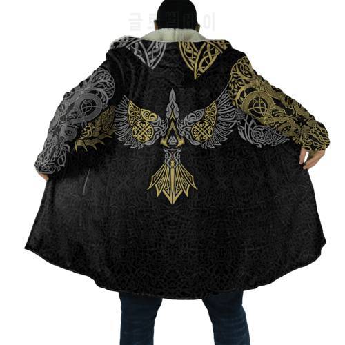 2021 Winter Mens Cloak Viking Ravens of Midgard Gold 3D Printing Fleece Hooded cloak Unisex Casual Thick Warm Cape coat PF39
