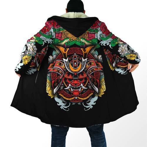 2021 Winter Fashion Mens cloak Samurai Oni Mask Tattoo 3D Printing Thick Fleece Hood cloak Unisex Casual Warm Cape coat DP08