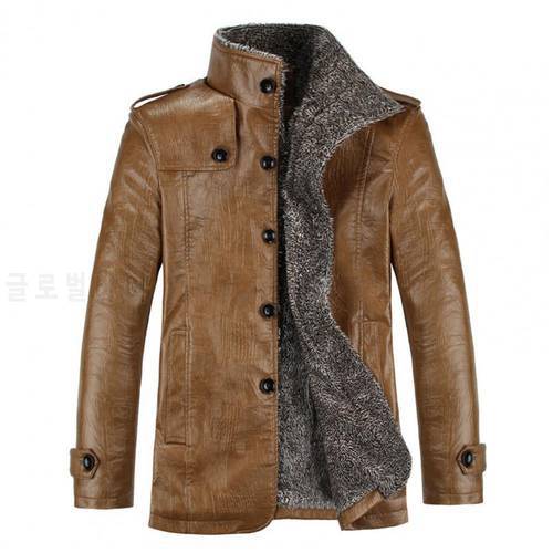 Men Coat Solid Color Plush Faux Leather Business Winter Jacket for Daily Wear