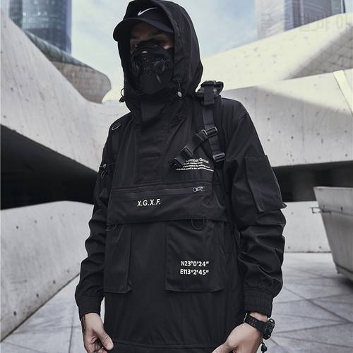 Techwear Jacket for Men Spring Streetwear Black Hooded Waterproof Windbreaker