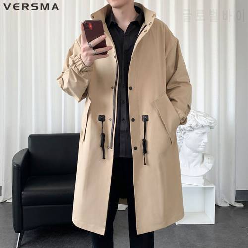 VERSMA Korean Trendy Black Mens Long Trench Coat Men Plus Size British Style Solid Color Russian Waterproof Classic Windbreaker