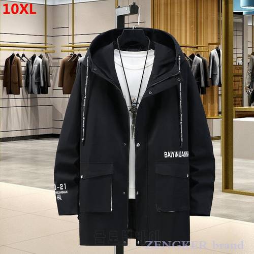 Large size autumn mid-length windbreaker black male jacket Korean men&39s tooling jacket loose casual youth jacket 10XL 9XL 8XL