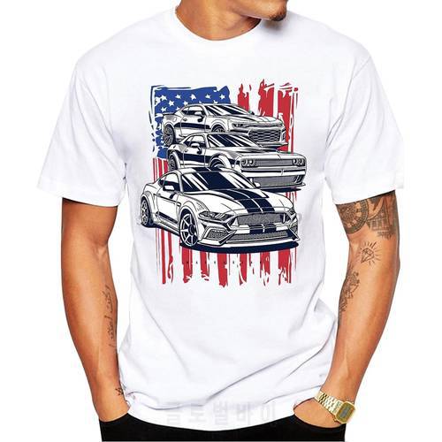 New Summer Men Short Sleeve American Crew Mustang Camaro Challenger Car Print T-Shirt Boy Casual White Tees Cool Tops