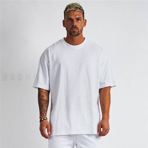 Blank Mesh Fitness Mens Oversized T Shirt Outdoor Hip Hop Streetwear Loose Gym Clothing Half Sleeve T-shirt Bodybuilding Tshirt