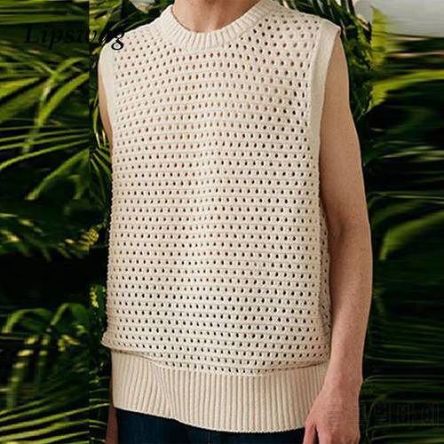 Casual Men&39s Solid Knitted Vest 2021 Summer Fashion Hollow Out Sleeveless Tank Tops For Men O-Neck Pullovers Hipster Streetwear