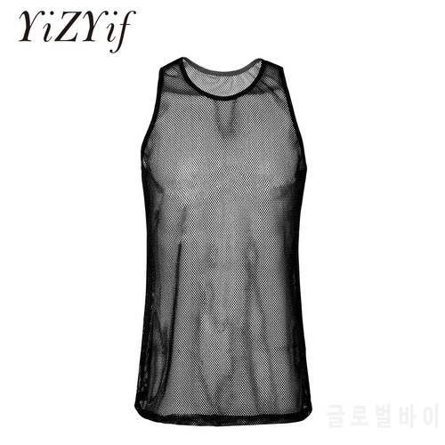 Men Summer Sexy Sheer Mesh Tank Tops Club See-through Fishnet Slim Fit Tank Vest Male Fitness Gym Muscle Tanks Tops Tee Costumes