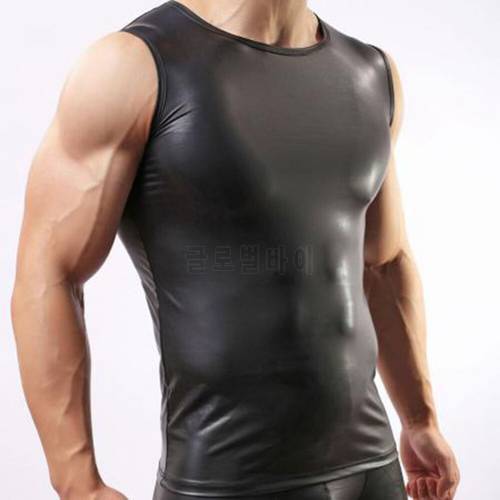 O-neck Men PU Leather Tank Tops Sexy Sleeveless Shirts Men Imitatiion Faux Leather Vest For Casual Wear
