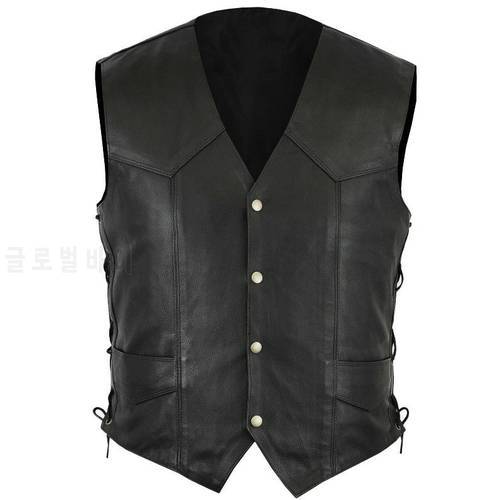 Motorcycle Motorbike Classic Plain Side Laced Leather Vest waistcoat