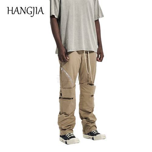 High Street Heavy Industry Side Zipper Straight Cargo Pant Oversized Drawstring Men&39s Fashion Casual Hollow Out Trousers Autumn