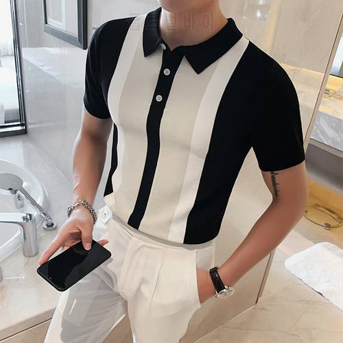 Men Fashion 2021 Summer Short Sleeve Polo Shirt Casual Lapel Button Tops Mens Streetwear Vintage Patchwork Knit Slim Polo Shirts