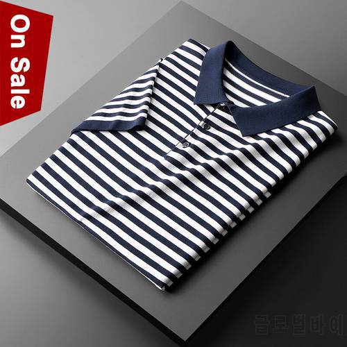 2021 New Men Polo Shirt Male Summer Striped Knitted Polo Short Sweater Male Pullover Trun-down Collar Cool Blue Navy Basic Tops