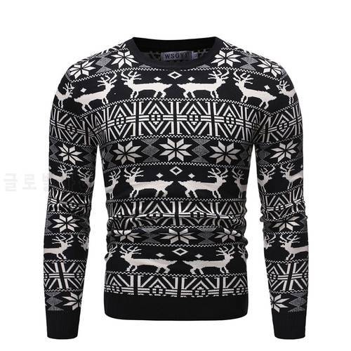 Christmas Men&39s O-Neck Cotton Pullover Warm Print Elk Autumn Slim Long Sleeve Clothes Knitted Casual Men Sweater Ugly Pull Homme