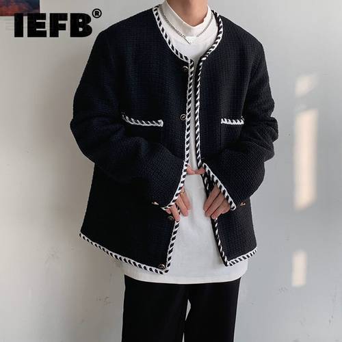 IEFB Light Luxury Woven Tweed Casual Suit Coat New Men&39s Handsome Loose Round Neck Single Breasted Short Jacket Black Y9630