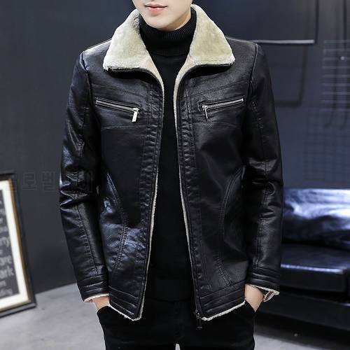 2022 Winter Men Leather Jacket Solid Color Lining Velvet Business Lapel Medium Length Keep Warm Black Leather Windbreaker S-4XL