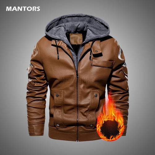 Casual Motorcycle PU Jacket Mens Winter Autumn Fleece Leather Jackets Men Slim Removable Hat Warm Overcoat 2021 Mens Clothing