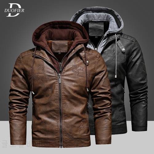 New Men Leather Jackets Winter Thick Warm Mens Casual Hooded Motorcycle Jacket Male Fleece Pilot Coats Windproof Brand Clothing