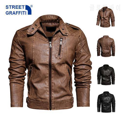 Men’s Motorcycle Jacket 2021 Autumn Winter Men New Faux PU Leather Jackets Casual Embroidery Biker Coat Zipper Fleece Jacket