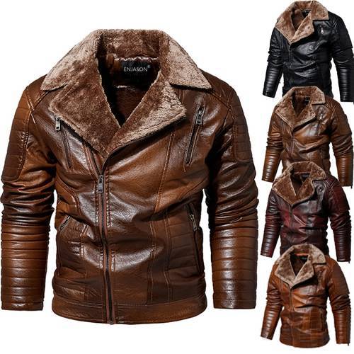 Men Thick Warm Fleece Leather Jacket Coat Male Winter Casual Motor Biker Leather Jacket Man Fashion Fur Collar Windproof Outwear