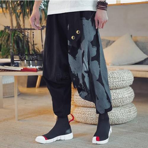 2589 Black/Red Cotton Linen Crotch Pants Men Big Size Loose Chinese Style Mens Joggers Baggy Trousers Printed Plus Size