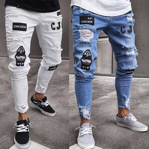 3 Styles Men Stretchy Ripped Skinny Biker Embroidery Print Jeans Destroyed Hole Taped Slim Fit Denim Scratched High Quality Jean