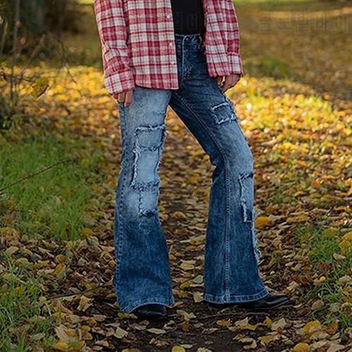 Men Jeans Patch Elastic Flare Pants Retro Denim Jeans for Men Fashion Casual Patchwork Jeans Plus Size Men Clothing