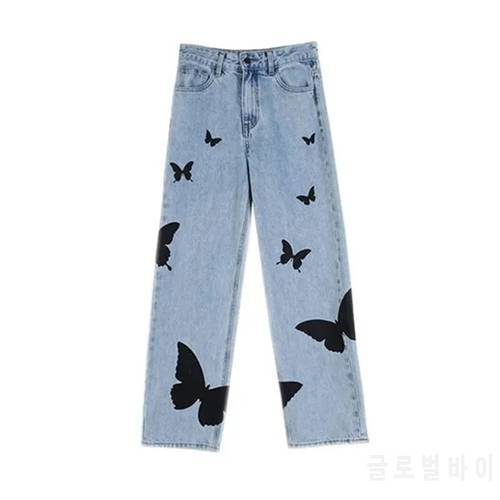 2021 Butterfly Print Jeans Men Pants Oversize Baggy Jeans Casual Denim Pants Streetwear Straight Fashion Trousers Couple Pants